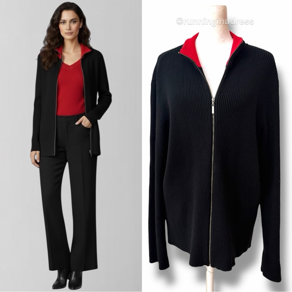 Vintage Saks Fifth Avenue Real Clothes Black Red Ribbed Zip Cardigan Sweater